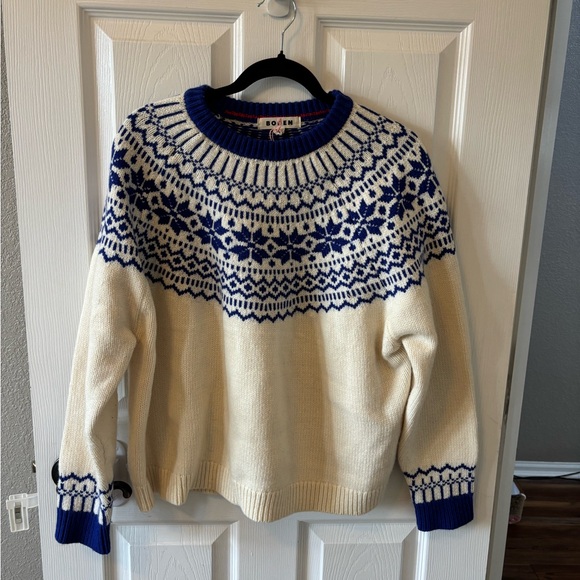 Boden Eleanor Fair Isle Sweater Blue Ivory Snowflake Yoke Extra Large NWOT - Picture 2 of 8